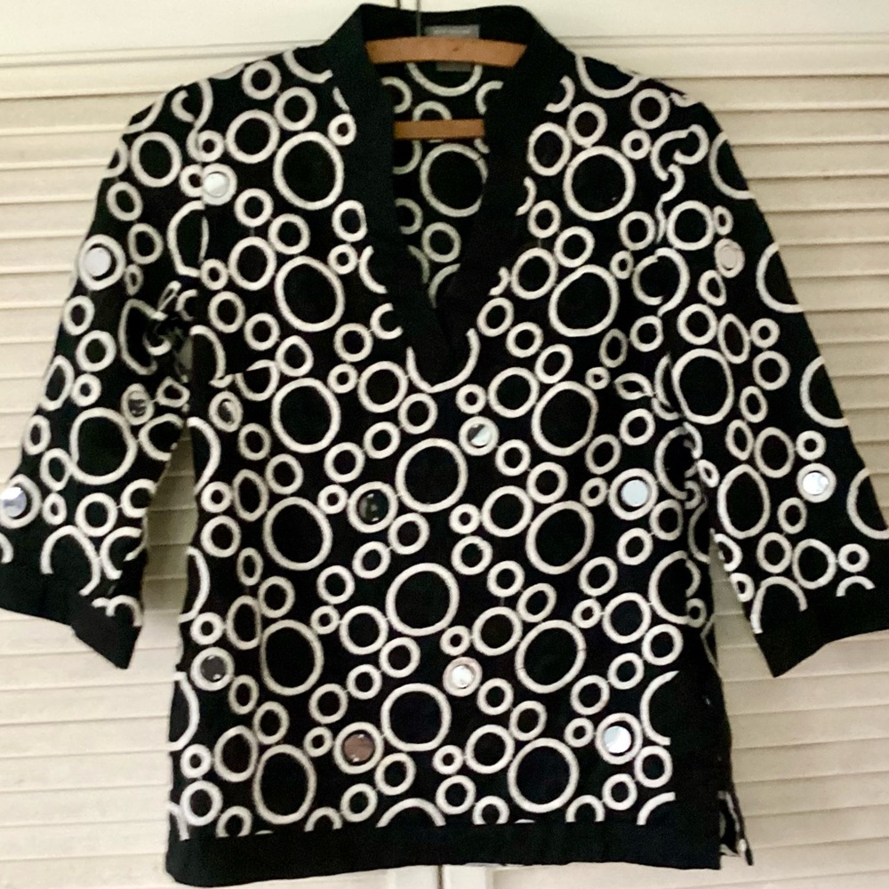 Ann Taylor Black and White Circle Sequins Pattern Blouse Formal Top